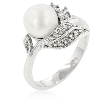 Dainty Faux Pearl Ring with Leaf Design